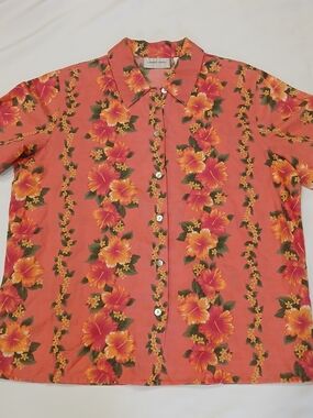 Lemon Grass Womens L Coral Button Up Shirt Hawaiian Hibiscus Linen Cotton Aloha